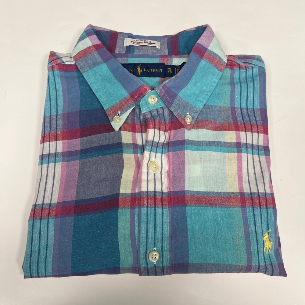 Ralph Lauren Indian Madras Shirt‎ Short Sleeve Plaid Button Down Casual XL *FLAW